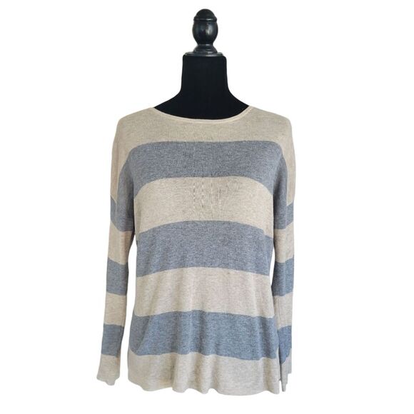 Eileen Fisher Tan and Gray Stripes Merino Blend Lightweight Sweater Size S - Picture 1 of 6